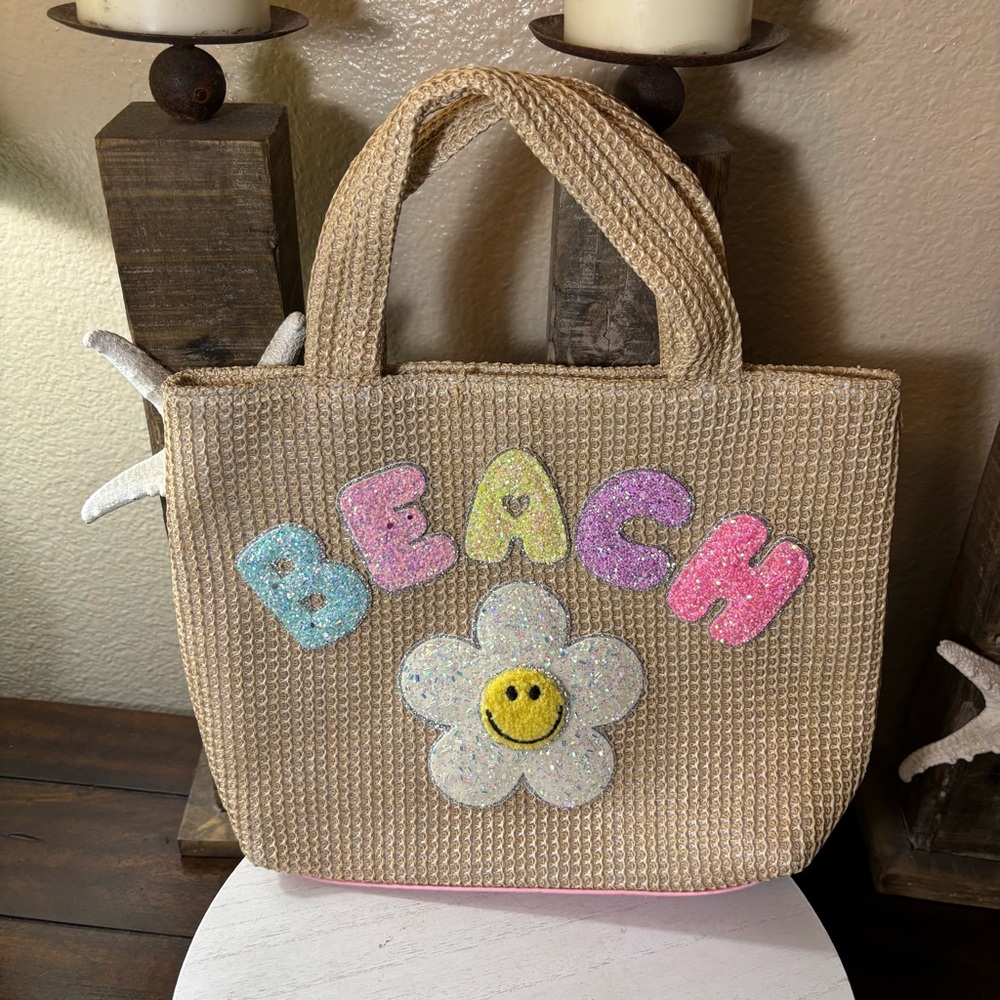 Beige Beach Tote Bag with Colorful Letters